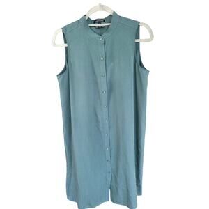 Eileen Fisher XS Green Tencel Tunic blouse Sleeveless Button Relaxed Fit 20 Pit